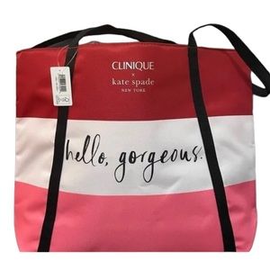 CLINIQUE X KATE SPADE NEW YORK “HELLO GORGEOUS” RED/WHITE/PINK LOGO TOTE BAG